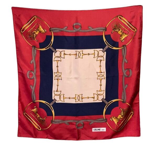 CELINE Paris 100% Silk Scarf Equestrian Motif Vintage Red Gold - Picture 9 of 16